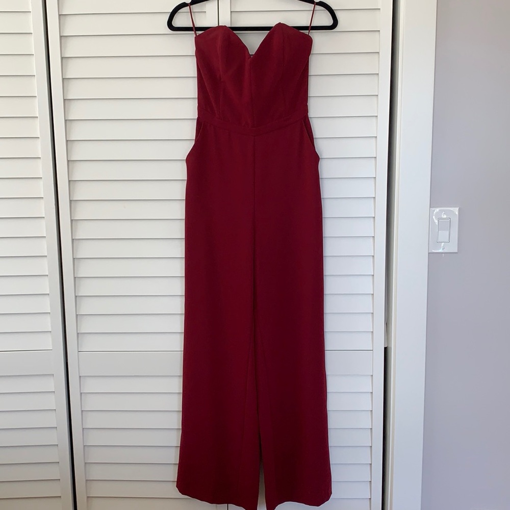 Red Strapless Sweetheart Neckline Jumpsuit